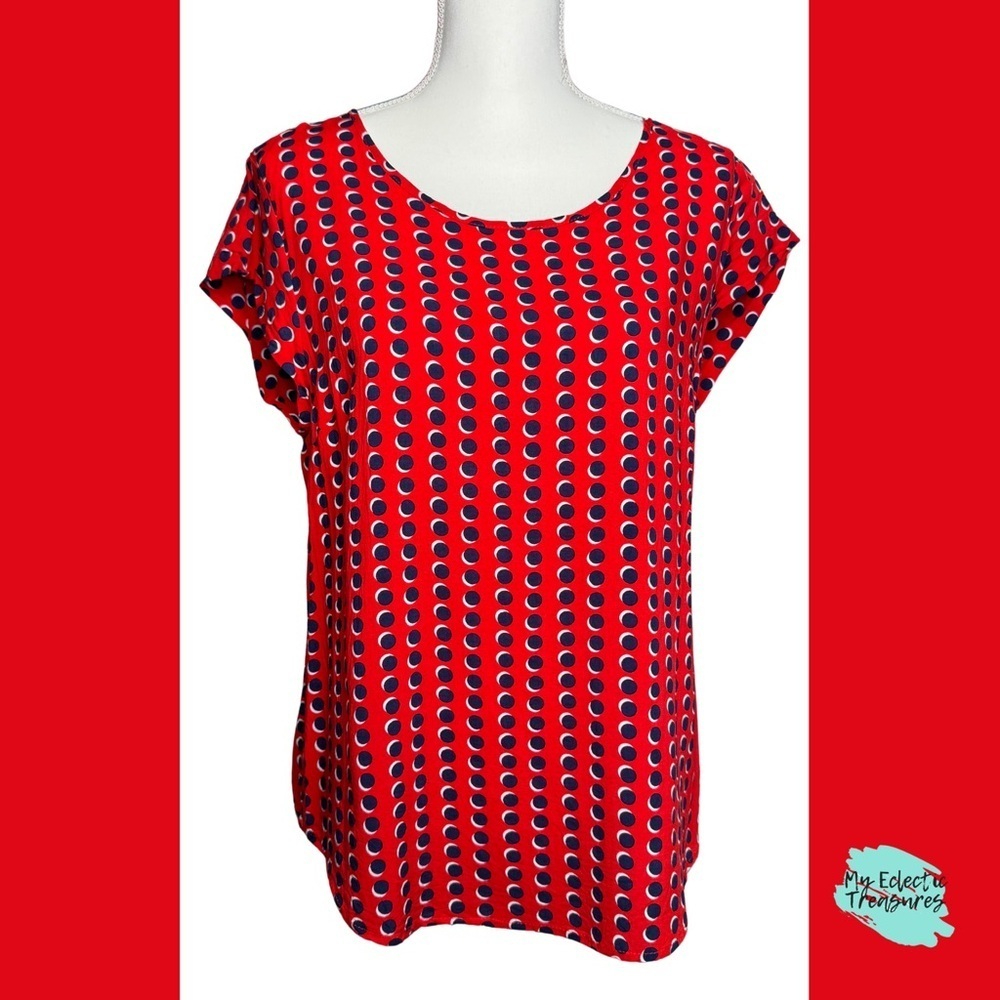 Red and Blue Polka Dot Cap Sleeve Blouse - Size Medium